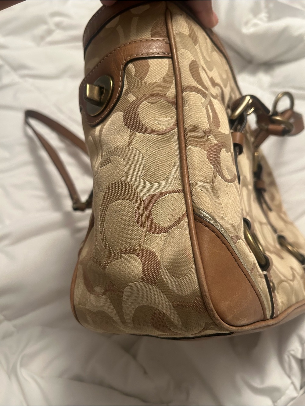 Coach Beige Signature Canvas Tote with Tan Leather Handles - Picture 3 of 6